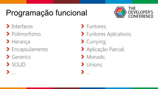 Globalcode – Open4education
Programação funcional
Interfaces
Polimorfismo
Herança
Encapsulamento
Generics
SOLID
...
Funtores;
Funtores Aplicativos;
Currying;
Aplicação Parcial;
Monads;
Unions;
...
 