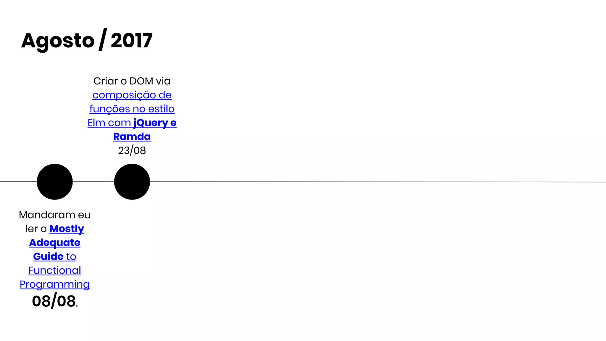 Mandaram eu
ler o Mostly
Adequate
Guide to
Functional
Programming
08/08.
Agosto / 2017
Criar o DOM via
composição de
funções no estilo
Elm com jQuery e
Ramda
23/08
 