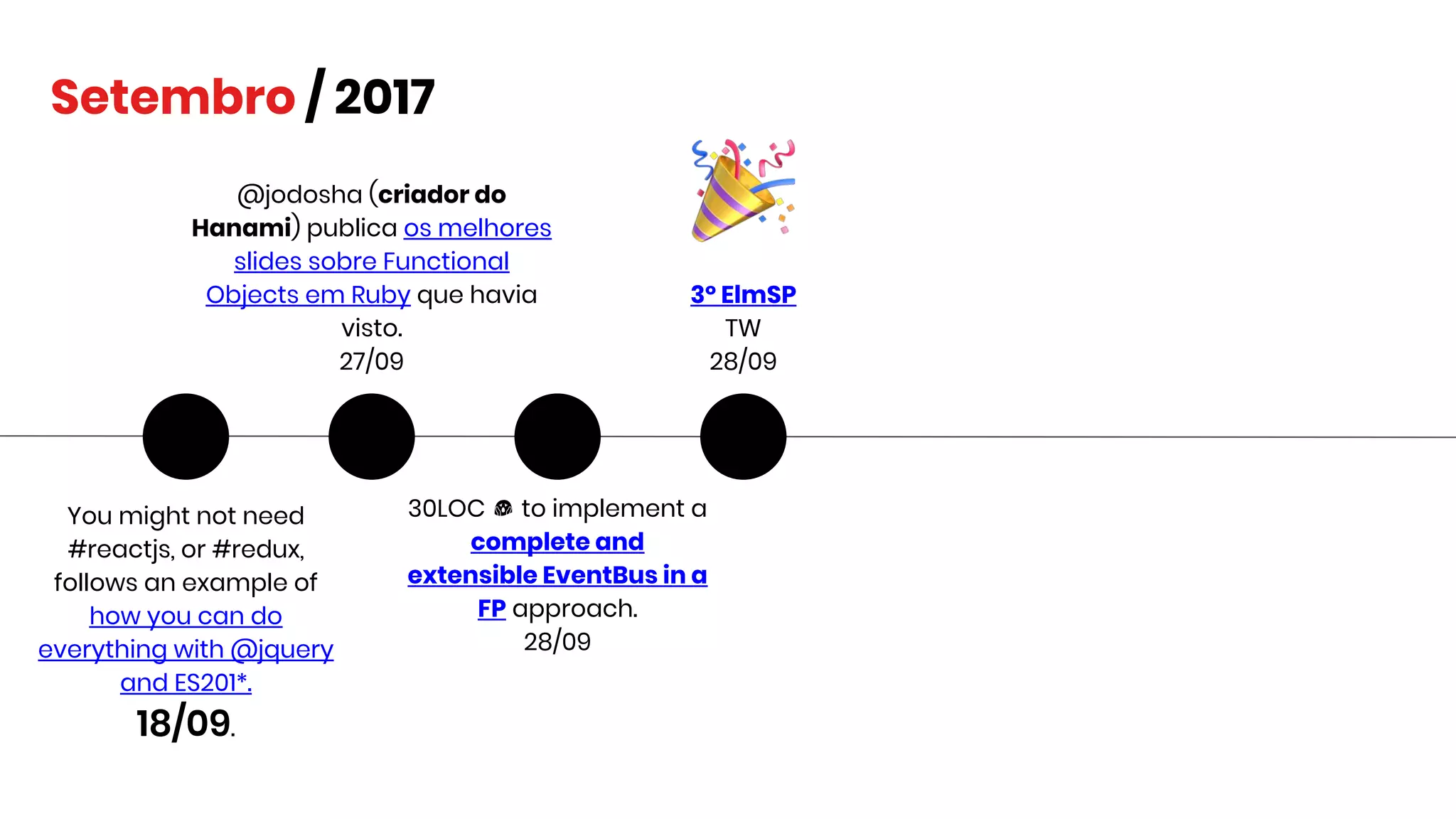 You might not need
#reactjs, or #redux,
follows an example of
how you can do
everything with @jquery
and ES201*.
18/09.
Setembro / 2017
@jodosha (criador do
Hanami) publica os melhores
slides sobre Functional
Objects em Ruby que havia
visto.
27/09
30LOC to implement a
complete and
extensible EventBus in a
FP approach.
28/09
3º ElmSP
TW
28/09
 