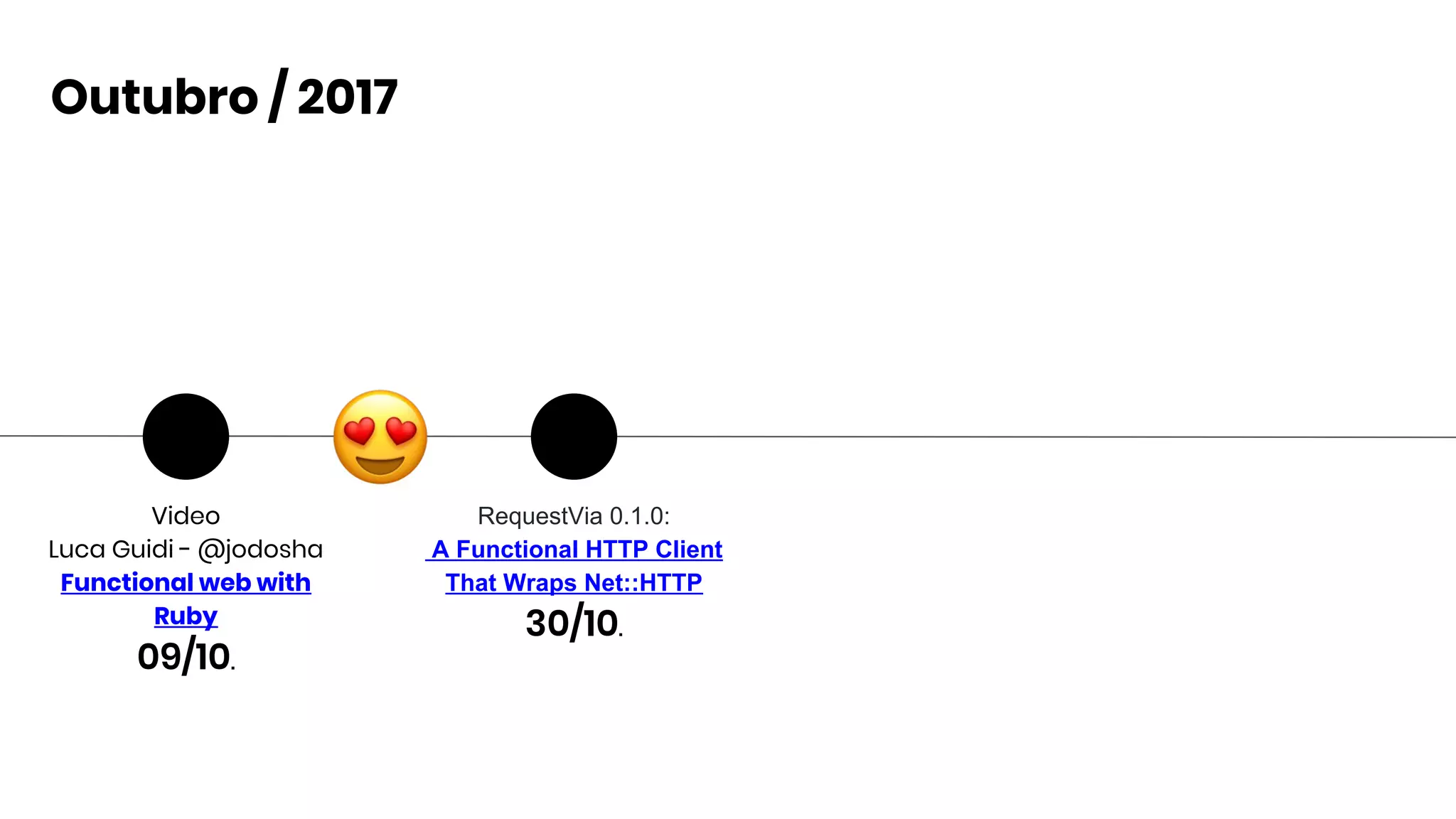 Video
Luca Guidi - @jodosha
Functional web with
Ruby
09/10.
Outubro / 2017
RequestVia 0.1.0:
A Functional HTTP Client
That Wraps Net::HTTP
30/10.
 