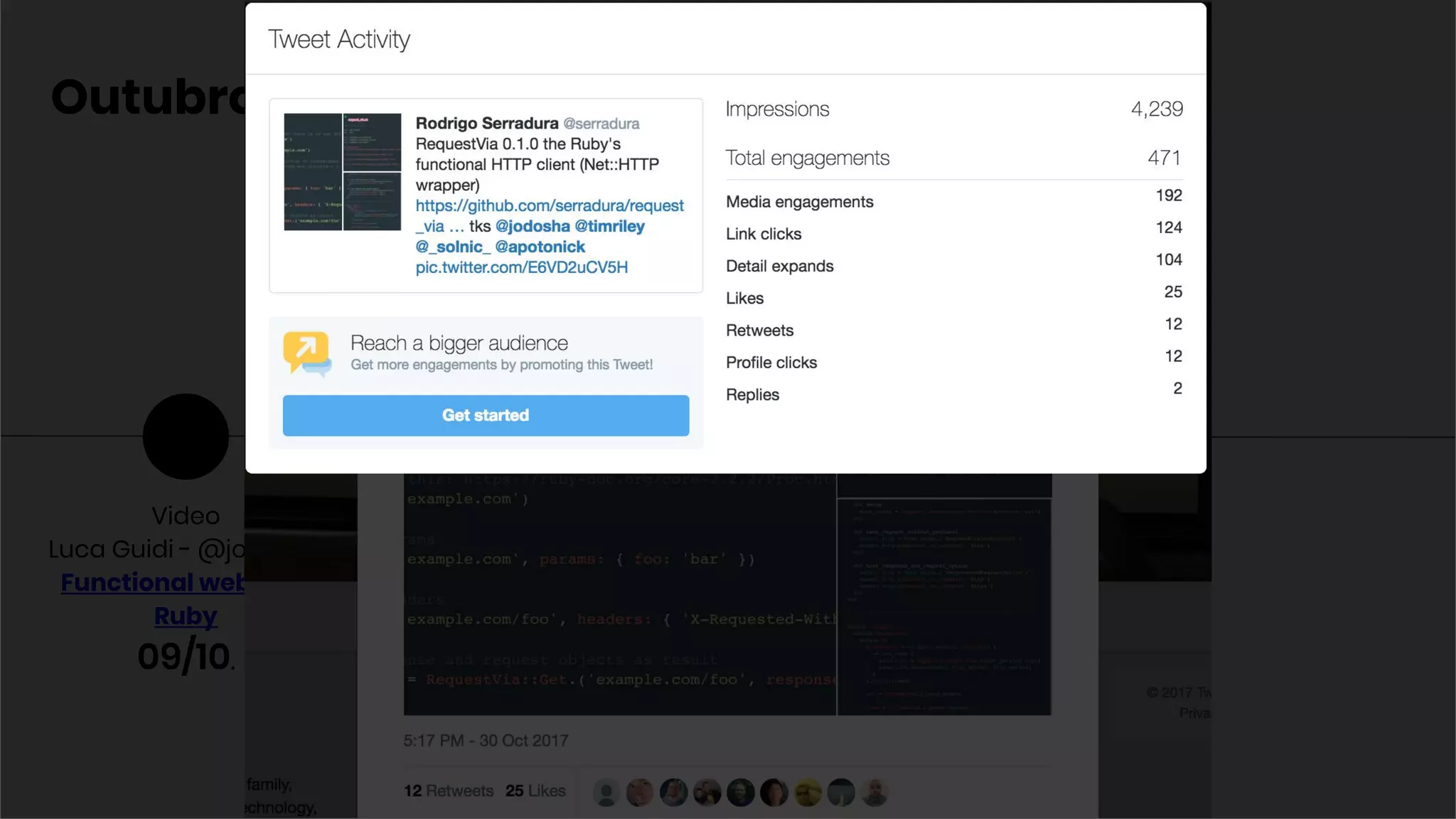 Video
Luca Guidi - @jodosha
Functional web with
Ruby
09/10.
Outubro / 2017
RequestVia 0.1.0:
A Functional HTTP Client
That Wraps Net::HTTP
30/10.
 