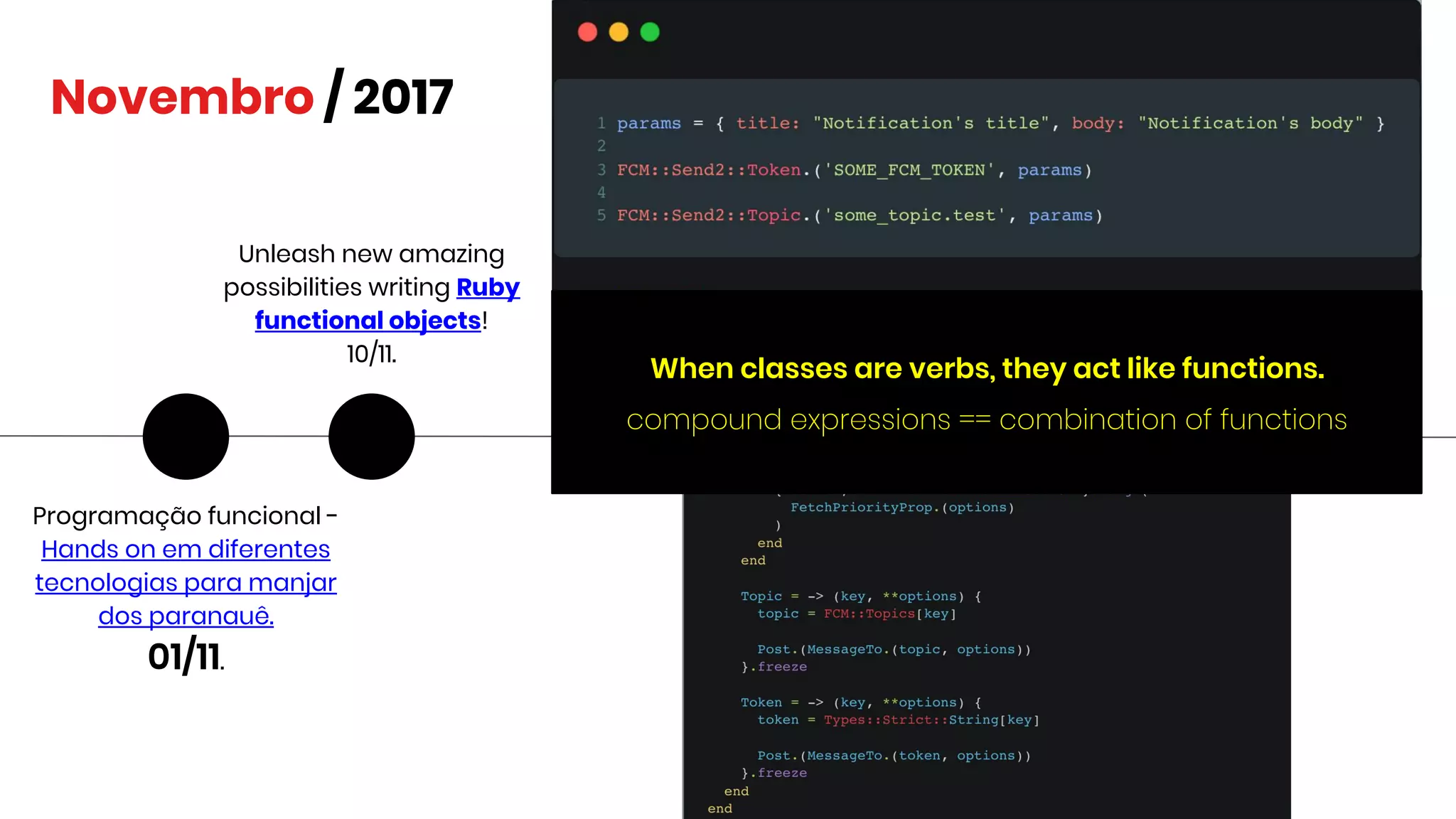 Novembro / 2017
Programação funcional -
Hands on em diferentes
tecnologias para manjar
dos paranauê.
01/11.
Unleash new amazing
possibilities writing Ruby
functional objects!
10/11.
When classes are verbs, they act like functions.
compound expressions == combination of functions
 