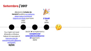 You might not need
#reactjs, or #redux,
follows an example of
how you can do
everything with @jquery
and ES201*.
18/09.
Setembro / 2017
@jodosha (criador do
Hanami) publica os melhores
slides sobre Functional
Objects em Ruby que havia
visto.
27/09
30LOC to implement a
complete and
extensible EventBus in a
FP approach.
28/09
3º ElmSP
TW
28/09
 