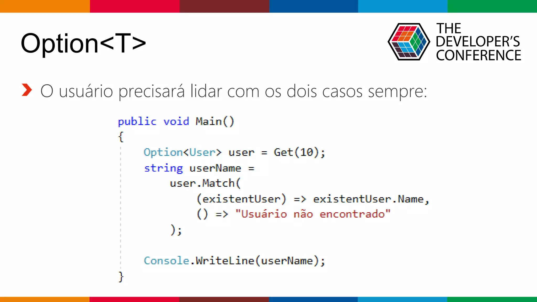 Globalcode – Open4education
Option<T>
O usuário precisará lidar com os dois casos sempre:
 