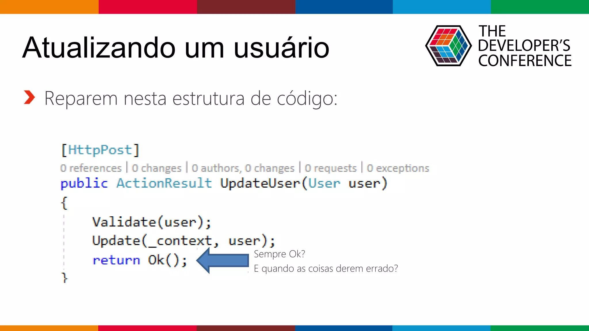 Globalcode – Open4education
Atualizando um usuário
Reparem nesta estrutura de código:
Sempre Ok?
E quando as coisas derem errado?
 