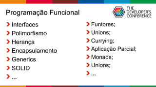 Globalcode – Open4education
Programação Funcional
Interfaces
Polimorfismo
Herança
Encapsulamento
Generics
SOLID
...
Funtores;
Unions;
Currying;
Aplicação Parcial;
Monads;
Unions;
...
 