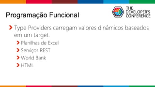 Globalcode – Open4education
Programação Funcional
Type Providers carregam valores dinâmicos baseados
em um target.
Planilhas de Excel
Serviços REST
World Bank
HTML
 