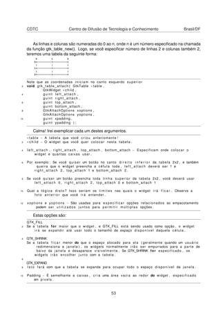 CDTC Centro de Difusão de Tecnologia e Conhecimento Brasil/DF
As linhas e colunas são numeradas do 0 ao n, onde n é um número especiﬁcado na chamada
da função gtk_table_new(). Logo, se você especiﬁcar número de linhas 2 e colunas também 2,
teremos uma tabela da seguinte forma:
Note que as coordenadas iniciam no canto esquerdo superior
2 void gtk_table_attach ( GtkTable * table ,
GtkWidget * child ,
4 guint l e f t _ a t t a c h ,
guint right_attach ,
6 guint top_attach ,
guint bottom_attach ,
8 GtkAttachOptions xoptions ,
GtkAttachOptions yoptions ,
10 guint xpadding ,
guint ypadding ) ;
Calma! Irei exemplicar cada um destes argumentos.
* table − A tabela que você criou anteriomente !
2 * c h i l d − O widget que você quer colocar nesta tabela .
4 l e f t _ a t t a c h , right_attach , top_attach , bottom_attach − Especificam onde colocar o
widget e quantas caixas usar .
6 Por exemplo : Se você quiser um botão no canto d i r e i t o i n f e r i o r da tabela 2x2 , e também
queira que o widget preencha a célula toda , l e f t _ a t t a c h deverá ser 1 e
r i g h t _ a t t a c h 2 , top_attach 1 e bottom_attach 2.
8 Se você quiser um botão preencha toda linha superior da tabela 2x2 , você deverá usar
l e f t _ a t t a c h 0 , r i g h t _ a t t a c h 2 , top_attach 0 e bottom_attach 1
10 Qual a lógica disto ? Isso seriam os l i m i t e s nas quais o widget i r á f i c a r . Observe a
foto a n t e r i o r que você i r á entender .
12 xoptions e yoptions − São usadas para e s p e c i f i c a r opções relacionados ao empacotamento
podem ser u t i l i z a d o s juntos para p e r m i t i r múltiplas opções .
Estas opções são:
GTK_FILL
2 Se a tabela for maior que o widget , e GTK_FILL está sendo usado como opção , o widget
i r á se expandir até usar todo o tamanho de espaço disponível daquela célula .
4 GTK_SHRINK
Se a tabela f i c a r menor do que o espaço alocado para ela ( geralmente quando um usuário
redimensiona a janela ) , os widgets normalmente irão ser empurrados para a parte de
baixo da janela e desaparece visivelmente . Se GTK_SHRINK for especificado , os
widgets irão encolher junto com a tabela .
6
GTK_EXPAND
8 I s t o fará com que a tabela se expanda para ocupar todo o espaço disponível da janela .
10 Padding − É semelhante a caixas , c r i a uma área vazia ao redor do widget , especificado
em pixels .
53
 