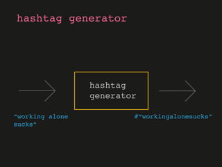 hashtag
generator
“working alone
sucks”
hashtag generator
#“workingalonesucks”
 