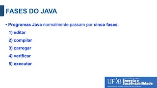 FASES DO JAVA
• Programas Java normalmente passam por cinco fases:
1) editar
2) compilar
3) carregar
4) verificar
5) executar
 