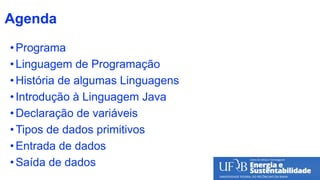 Agenda
•Programa
•Linguagem de Programação
•História de algumas Linguagens
•Introdução à Linguagem Java
•Declaração de variáveis
•Tipos de dados primitivos
•Entrada de dados
•Saída de dados 3
 