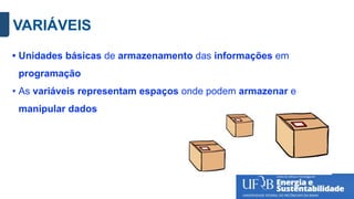 VARIÁVEIS
• Unidades básicas de armazenamento das informações em
programação
• As variáveis representam espaços onde podem armazenar e
manipular dados
 