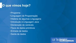 O que vimos hoje?
•Programa
•Linguagem de Programação
•História de algumas Linguagens
•Introdução à Linguagem Java
•Declaração de variáveis
•Tipos de dados primitivos
•Entrada de dados
•Saída de dados
 