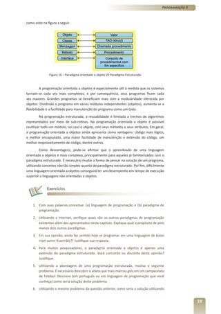 Programação II



como visto na figura a seguir.




               Figura 16 – Paradigma orientado a objeto VS Paradigma Estruturado



          A programação orientada a objetos é especialmente útil à medida que os sistemas
tornam-se cada vez mais complexos, e por consequência, seus programas ficam cada
vez maiores. Grandes programas se beneficiam mais com a modularidade oferecida por
objetos. Dividindo o programa em vários módulos independentes (objetos), aumenta-se a
flexibilidade e a facilidade para manutenção do programa como um todo.
         Na programação estruturada, a reusabilidade é limitada a trechos de algoritmos
representados por meio de sub-rotinas. Na programação orientada a objeto é possível
reutilizar todo um módulo, no caso o objeto, com seus métodos e seus atributos. Em geral,
a programação orientada a objetos ainda apresenta como vantagens: código mais lógico,
e melhor encapsulado, uma maior facilidade de manutenção e extensão do código, um
melhor reaproveitamento de código, dentre outros.
         Como desvantagens, pode-se afirmar que o aprendizado de uma linguagem
orientada a objetos é mais complexo, principalmente para aqueles já familiarizados com o
paradigma estruturado. É necessário mudar a forma de pensar na solução de um programa,
utilizando conceitos não tão simples quanto do paradigma estruturado. Por fim, dificilmente
uma linguagem orientada a objetos conseguirá ter um desempenho em tempo de execução
superior a linguagens não orientadas a objetos.


              Exercícios


    1. Com suas palavras conceitue: (a) linguagem de programação e (b) paradigma de
       programação.
    2. Utilizando a Internet, verifique quais são os outros paradigmas de programação
       existentes além dos apresentados neste capítulo. Explique qual o propósito de pelo
       menos dois outros paradigmas.
    3. Em sua opinião, ainda faz sentido hoje se programar em uma linguagem de baixo
       nível como Assembly?! Justifique sua resposta.
    4. Para muitos pesquisadores, o paradigma orientado a objetos é apenas uma
       extensão do paradigma estruturado. Você concorda ou discorda desta opinião?
       Justifique.
    5. Utilizando a abordagem de uma programação estruturada, resolva o seguinte
       problema. É necessário descobrir o atleta que mais marcou gols em um campeonato
       de futebol. Descreva (em português ou em linguagem de programação que você
       conheça) como seria solução deste problema.
    6. Utilizando o mesmo problema da questão anterior, como seria a solução utilizando


                                                                                                          19
 