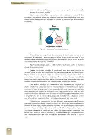 Programação II



                          »   Instanciar objetos significa gerar novos exemplares a partir de uma descrição
                              abstrata de um objeto genérico.
                             Vejamos o exemplo na Figura 18, que ilustra estes processos no contexto de dois
                      estudantes, João e Maria. Ambos são indivíduos, com seus dados particulares, como seus
                      nomes. Porém, ambos podem ser agrupados no conjunto de indivíduos que representam os
                      estudantes.




                                             Figura 18 – Classificação/Instanciação de objetos



                              A “semântica” ou o significado do mecanismo de classificação equivale a um
                      mecanismo de pertinência. Neste mecanismo, o fato de um objeto pertencer a uma
                      determinada classe pode ser melhor caracterizado se ocorrer uma relação do tipo “é um / é
                      uma”. Por exemplo, “Maria é uma estudante”.
                               A partir desta abstração, pode-se então melhor entender os conceitos de objetos e
                      classes, atributos e métodos.
                               Objetos representam entidades do mundo real, quer sejam estas concretas ou
                      abstratas, sobre as quais são armazenados dados e temos operações para manipulá-los.
                      Objetos também se caracterizam por ter uma identidade única, um comportamento e um
                      estado. A identificação de objeto deve ser única, uniforme e independente do conteúdo do
                      objeto. Isso implica que podem haver objetos com características semelhantes (como dois
                      martelos azuis ou dois funcionários com o mesmo nome), mas que são distintos.
                              Uma classe é abstração das características mais importantes de um grupo de
                      objetos semelhantes. Cada classe descreve um conjunto (possivelmente infinito) de objetos
                      individuais. A partir de uma classe podem ser gerados diferentes objetos e por isso, cada
                      objeto é dito ser uma instância de uma classe. Assim, cada instância de uma classe tem seus
                      próprios valores para cada dado que o caracteriza, mas também podem compartilhar dados
                      e comportamento com as outras instâncias da classe. Implicitamente, cada objeto contém
                      uma referência para sua própria classe -- em outras palavras, ele sabe o que ele é.
                                Existe hoje uma representação bastante difundida para representar graficamente
                      classes em um modelo orientado a objetos. Esta notação é definida por uma linguagem visual
                      chamada UML (do inglês, Unified Modeling Language). UML é utilizada para representação
                      de muitas etapas durante a análise de um sistema. Ela é formada por vários diagramas.
                      Um deles é o diagrama de classes, em que classes são representadas graficamente. Para
                      facilitar nossa explicação sobre os conceitos OO, utilizaremos a notação UML para descrever
                      as classes nesta disciplina. Em UML, uma classe é representada como descrito na figura a
                      seguir.




24
 