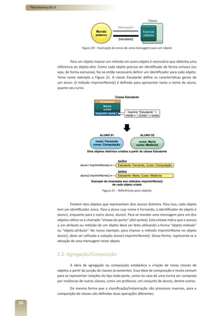 Programação II




                                      Figura 20 – Ilustração do envio de uma mensagem para um objeto



                               Para um objeto invocar um método em outro objeto é necessário que obtenha uma
                      referencia ao objeto-alvo. Como cada objeto precisa ser identificado de forma unívoca (ou
                      seja, de forma exclusiva), faz-se então necessário definir um identificador para cada objeto.
                      Tome como exemplo a Figura 21. A classe Estudante define as características gerais de
                      um aluno. O método imprimirNome() é definido para apresentar tanto o nome do aluno,
                      quanto seu curso.




                                                    Figura 21 – Referências para objetos



                              Existem dois objetos que representam dois alunos distintos. Para isso, cada objeto
                      tem um identificador único. Para o aluno cujo nome é Fernando, o identificador do objeto é
                      aluno1, enquanto para o outro aluno, aluno2. Para se mandar uma mensagem para um dos
                      objetos utiliza-se a chamada “sintaxe do ponto” (dot syntax). Esta sintaxe indica que o acesso
                      a um atributo ou método de um objeto deve ser feita utilizando a forma “objeto.método”
                      ou “objeto.atributo”. No nosso exemplo, para chamar o método imprimirNome no objeto
                      aluno1, deve ser utilizada a notação aluno1.imprimirNome(). Dessa forma, representa-se a
                      ativação de uma mensagem neste objeto.


                      2.2. Agregação/Composição

                               A ideia de agregação ou composição estabelece a criação de novas classes de
                      objetos a partir da junção de classes já existentes. Essa ideia de composição é muito comum
                      para se representar relações do tipo todo-parte, como no caso de uma turma ser composta
                      por instâncias de outras classes, como um professor, um conjunto de alunos, dentre outros.
                             Da mesma forma que a classificação/instanciação são processos inversos, para a
                      composição de classes são definidas duas operações diferentes:

26
 