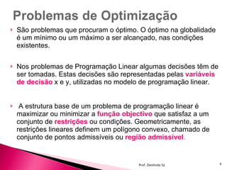 São problemas que procuram o óptimo. O óptimo na globalidade é um mínimo ou um máximo a ser alcançado, nas condições existentes. Nos problemas de Programação Linear algumas decisões têm de ser tomadas. Estas decisões são representadas pelas  variáveis de decisão   x e y, utilizadas no modelo de programação linear. A estrutura base de um problema de programação linear é maximizar ou minimizar a  função objectivo   que satisfaz a um conjunto de  restrições  ou condições. Geometricamente, as restrições lineares definem um polígono convexo, chamado de conjunto de pontos admissíveis ou  região admissível . Prof. Deolinda Sá 