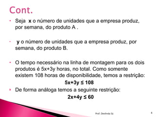 Seja  x  o número de unidades que a empresa produz, por semana, do produto A . y  o número de unidades que a empresa produz, por semana, do produto B. O tempo necessário na linha de montagem para os dois produtos é 5x+3y horas, no total. Como somente existem 108 horas de disponibilidade, temos a restrição: 5x+3y ≤ 108 De forma análoga temos a seguinte restrição: 2x+4y ≤ 60 Prof. Deolinda Sá 