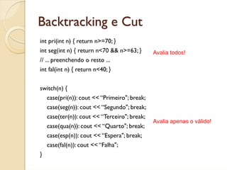 Backtracking e Cut
int pri(int n) { return n>=70; }
int seg(int n) { return n<70 && n>=63; }       Avalia todos!
// ... preenchendo o resto ...
int fal(int n) { return n<40; }


switch(n) {
    case(pri(n)): cout << “Primeiro"; break;
    case(seg(n)): cout << “Segundo"; break;
    case(ter(n)): cout << “Terceiro"; break;
                                               Avalia apenas o válido!
    case(qua(n)): cout << “Quarto"; break;
    case(esp(n)): cout << “Espera"; break;
    case(fal(n)): cout << “Falha";
}
 