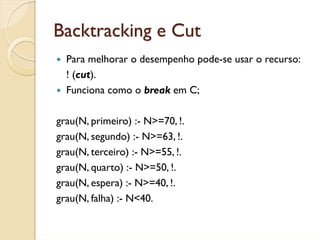 Backtracking e Cut
  Para melhorar o desempenho pode-se usar o recurso:
  ! (cut).
  Funciona como o break em C;

grau(N, primeiro) :- N>=70, !.
grau(N, segundo) :- N>=63, !.
grau(N, terceiro) :- N>=55, !.
grau(N, quarto) :- N>=50, !.
grau(N, espera) :- N>=40, !.
grau(N, falha) :- N<40.
 
