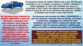 Se atuarmos através do CANAL VISUAL tudo o que nos chamará
a atenção é a cor, o modelo, a estrutura, a ordem, a limpeza e o
brilho. Exemplo: Se você está vendendo seu carro e o
comprador é mais visual, não adianta tentar convencê-lo que o
veículo é macio por ele vai se interessar mais pela cor, modelo e
os detalhes que tornam o carro mais bonito
Se atuamos mais através do
CANAL AUDITIVO o que nos
chamará a atenção será
uma música, uma palavra,
um som ou um barulho.
Exemplo: Se o cliente for
mais auditivo, assim que
você mostrar o carro a ele,
o que chamará a sua
atenção será o barulho e
então ele precisará fazê-lo
funcionar e ouvir o “ronco”
do motor
Se atuarmos mais através do CANAL CINESTÉSICO, o
que nos chamará a atenção será um abraço, um toque e
o sentimento. Exemplo: Se o cliente for mais
cinestésico ele nem notará a beleza do veículo, mas
passará a mão nos bancos, apertará o volante para
sentir se é macio e sentará para sentir se é confortável
Portanto, depois que a informação (evento
externo) for captada pelos canais sensoriais
faremos uma filtragem (triagem) dessas
informações, antes de formularmos uma
“representação interna”, a qual determinará nosso
comportamento exterior ou resposta aos estímulos
 
