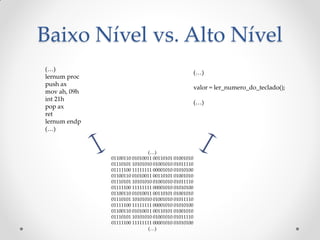 Baixo Nível vs. Alto Nível
(…)
                                                    (…)
lernum proc
push ax
                                                    valor = ler_numero_do_teclado();
mov ah, 09h
int 21h
                                                    (…)
pop ax
ret
lernum endp
(…)


                              (…)
              01100110 01010011 00110101 01001010
              01110101 10101010 01001010 01011110
              01111100 11111111 00001010 01010100
              01100110 01010011 00110101 01001010
              01110101 10101010 01001010 01011110
              01111100 11111111 00001010 01010100
              01100110 01010011 00110101 01001010
              01110101 10101010 01001010 01011110
              01111100 11111111 00001010 01010100
              01100110 01010011 00110101 01001010
              01110101 10101010 01001010 01011110
              01111100 11111111 00001010 01010100
                              (…)
 