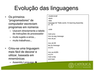 Evolução das linguagensOsprimeiros “programadores” de computadorescreviamprogramasemnúmerosUsavamdirectamente a tabela de instruções do processadormuitosujeito a erros...muitotrabalhoso...Criou-se umalinguagemmaisfácil de decorar e utilizar, baseadaemmnemónicasAssembly Language .model small.stack.datamessage db "Hello world, I'm learning Assembly !!!", "$".codemain procmovax,seg messagemovds,axmov ah,09lea dx,messageint 21hmov ax,4c00hint 21hmain endpend main