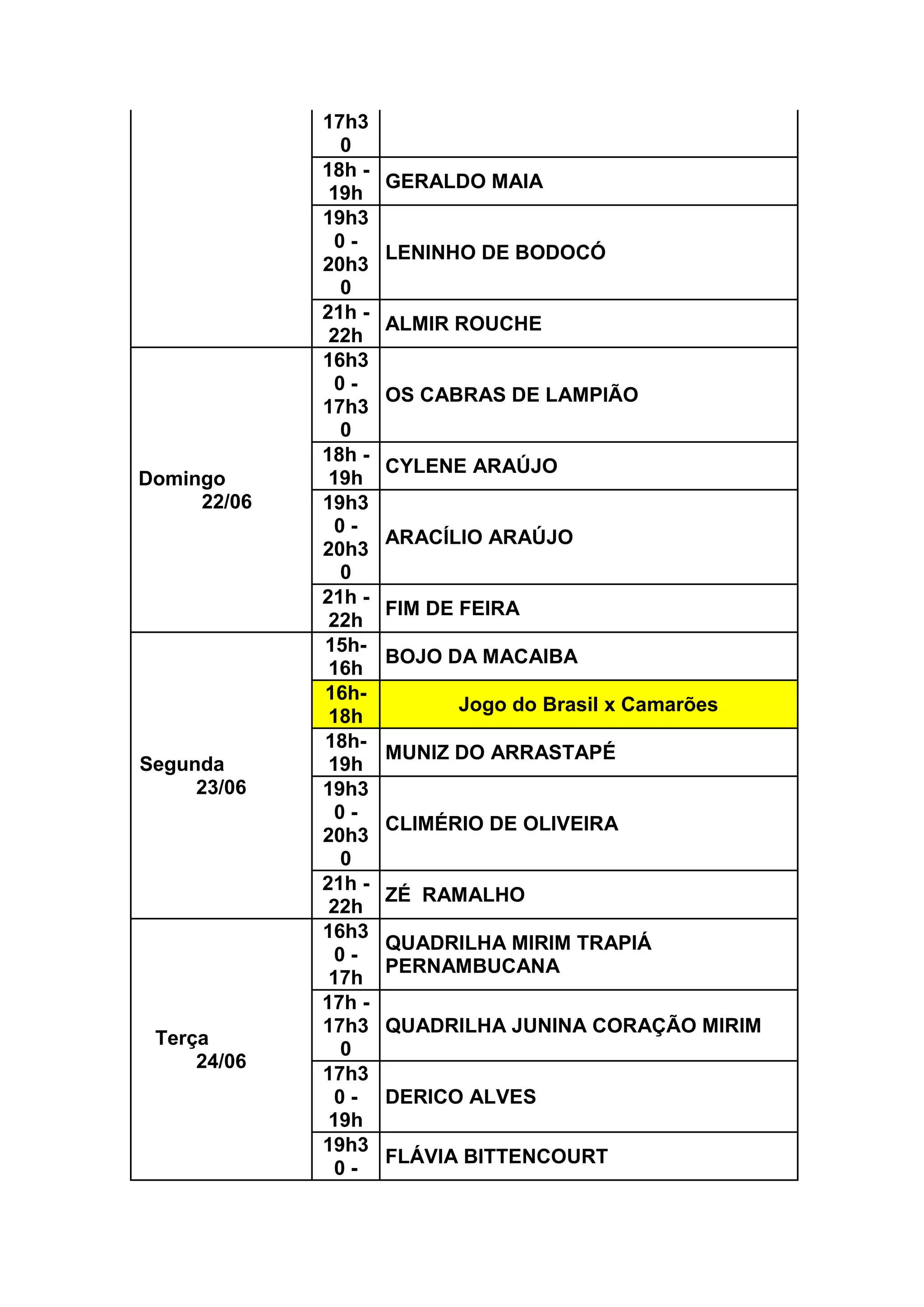 17h3
0
18h -
19h
GERALDO MAIA
19h3
0 -
20h3
0
LENINHO DE BODOCÓ
21h -
22h
ALMIR ROUCHE
Domingo
22/06
16h3
0 -
17h3
0
OS CABRAS DE LAMPIÃO
18h -
19h
CYLENE ARAÚJO
19h3
0 -
20h3
0
ARACÍLIO ARAÚJO
21h -
22h
FIM DE FEIRA
Segunda
23/06
15h-
16h
BOJO DA MACAIBA
16h-
18h
Jogo do Brasil x Camarões
18h-
19h
MUNIZ DO ARRASTAPÉ
19h3
0 -
20h3
0
CLIMÉRIO DE OLIVEIRA
21h -
22h
ZÉ RAMALHO
Terça
24/06
16h3
0 -
17h
QUADRILHA MIRIM TRAPIÁ
PERNAMBUCANA
17h -
17h3
0
QUADRILHA JUNINA CORAÇÃO MIRIM
17h3
0 -
19h
DERICO ALVES
19h3
0 -
FLÁVIA BITTENCOURT
 