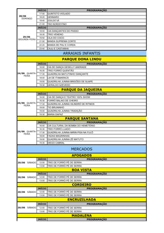 INÍCIO PROGRAMAÇÃO
17:00 QUINTETO VIOLADO
18:20 GENNARO
19:40 JOSILDO SÁ
21:00 TRIO NORDESTINO
INÍCIO PROGRAMAÇÃO
18:00 CIA DANÇANTES DO PASSO
18:30 TRIO VENENO
19:50 CILA DO COCO
21:00 BANDA SUPREMA CORTE
22:20 BANDA DE PAU E CORDA
23:40 CAJU E CASTANHA
ARRAIAIS INFANTIS
PARQUE DONA LINDU
INÍCIO PROGRAMAÇÃO
16:00 CIA DE DANÇA GESELLY ANDRADE
16:30 TRIO FORRÓ QUENTÃO
17:30 QUADRILHA MATUTINHO DANÇANTE
18:00 LIA DE ITAMARACÁ
19:00 QUADRILHA JUNINA BRIGÕES DE SUAPE
19:30 GERALDO AZEVEDO
PARQUE DA JAQUEIRA
INÍCIO PROGRAMAÇÃO
16:00 CIA DE DANÇA E TEATRO 100% SHOW
16:30 FORRÓ BALAIO DE CHEIRO
17:30 QUADRILHA JUNINA XILINDRÓ DE RITMOS
18:00 TIO BRUNINHO
19:00 QUADRILHA JUNINA TRADIÇÃO
19:30 MARIA DAPAZ
PARQUE SANTANA
INÍCIO PROGRAMAÇÃO
16:00 CIA CULTURAL DA BOMBA DO HEMETÉRIO
16:30 TRIO FORRÓ LUADO
17:30 QUADRILHA JUNINA MIRIN PISA NA FULÔ
18:00 FADAS MAGRINHAS
19:00 QUADRILHA JUNINA ZÉ MATUTO
19:30 DIEGO CABRAL
MERCADOS
AFOGADOS
INÍCIO PROGRAMAÇÃO
12:00 TRIO DE FORRÓ PÉ DE SERRA
13:00 TRIO DE FORRÓ PÉ DE SERRA
BOA VISTA
INÍCIO PROGRAMAÇÃO
12:00 TRIO DE FORRÓ PÉ DE SERRA
13:00 TRIO DE FORRÓ PÉ DE SERRA
CORDEIRO
INÍCIO PROGRAMAÇÃO
12:00 TRIO DE FORRÓ PÉ DE SERRA
13:00 TRIO DE FORRÓ PÉ DE SERRA
ENCRUZILHADA
INÍCIO PROGRAMAÇÃO
12:00 TRIO DE FORRÓ PÉ DE SERRA
13:00 TRIO DE FORRÓ PÉ DE SERRA
MADALENA
INÍCIO PROGRAMAÇÃO
28/06
DOMINGO
29/06
SEGUNDA-FEIRA
24/06 QUARTA-
FEIRA
24/06 QUARTA-
FEIRA
24/06 QUARTA-
FEIRA
20/06 SÁBADO
20/06 SÁBADO
20/06 SÁBADO
20/06 SÁBADO
27/06 SÁBADO
 