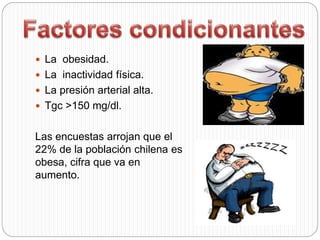  La obesidad.
 La inactividad física.
 La presión arterial alta.
 Tgc >150 mg/dl.
Las encuestas arrojan que el
22% de la población chilena es
obesa, cifra que va en
aumento.
 
