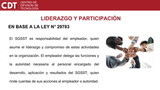 LIDERAZGO Y PARTICIPACIÓN
EN BASE A LA LEY N° 29783
El SGSST es responsabilidad del empleador, quien
asume el liderazgo y compromiso de estas actividades
en la organización. El empleador delega las funciones y
la autoridad necesaria al personal encargado del
desarrollo, aplicación y resultados del SGSST, quien
rinde cuentas de sus acciones al empleador o autoridad.
 