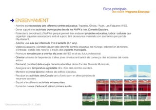 · Atendre les necessitats dels diferents centres educatius; Trapelles, Gínjols, l'Aulet, Les Falgueres i l'IES.
· Donar suport a les activitats promogudes des de les AMPA's i els Consells Escolars.
· Potenciar la coordinació d´AMPA´s perquè permeti tirar endavant projectes educatius, lúdics i culturals que
organitzin aquestes associacions amb el suport, tant de recursos materials com econòmics per part de
l´Ajuntament.
· Adaptar una aula per infants de P-0 ó lactants (0-1 any).
· Vigilància aleatòria i constant davant dels diferents centres educatius del municipi, sobretot en els horaris
d´entrada i sortida dels nens/es a través dels vigilants municipals.
· Promoure xerrades per a orientar els joves de l´IES en el seu futur professional.
· Orientar a través de l´experiència d´altres joves i involucrant també els comerços i les indústries del nostre
entorn.
· Formació constant dels equips docents educatius de les Escoles Bressols Municipals.
· Assegurar una temperatura agradable dins i fora dels recintes escolars.
· Mantenir les instal·lacions i millorar els ediﬁcis educatius.
· Recolzar les activitats dels Casals tant a l'estiu com en altres períodes de
vacances escolars.
· Suport a les diferents activitats extraescolars.
· Fomentar cursos d´educació viària i primers auxilis.
ENSENYAMENT
Eixos principals
del nostre Programa Electoral
Eleccionsmunicipals2015 | Celrà
 