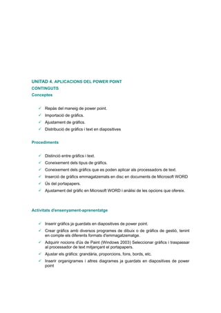 UNITAD 4. APLICACIONS DEL POWER POINT
CONTINGUTS
Conceptes


    Repàs del maneig de power point.
    Importació de gràfics.
    Ajustament de gràfics.
    Distribució de gràfics i text en diapositives


Procediments


    Distinció entre gràfics i text.
    Coneixement dels tipus de gràfics.
    Coneixement dels gràfics que es poden aplicar als processadors de text.
    Inserció de gràfics emmagatzemats en disc en documents de Microsoft WORD
    Ús del portapapers.
    Ajustament del gràfic en Microsoft WORD i anàlisi de les opcions que ofereix.



Activitats d'ensenyament-aprenentatge


    Inserir gràfics ja guardats en diapositives de power point.
    Crear gràfics amb diversos programes de dibuix o de gràfics de gestió, tenint
     en compte els diferents formats d'emmagatzematge.
    Adquirir nocions d'ús de Paint (Windows 2003) Seleccionar gràfics i traspassar
     al processador de text mitjançant el portapapers.
    Ajustar els gràfics: grandària, proporcions, fons, bords, etc.
    Inserir organigrames i altres diagrames ja guardats en diapositives de power
     point
 