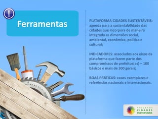 Ferramentas
PLATAFORMA CIDADES SUSTENTÁVEIS:
agenda para a sustentabilidade das
cidades que incorpora de maneira
integrada as dimensões social,
ambiental, econômica, política e
cultural;
INDICADORES: associados aos eixos da
plataforma que fazem parte dos
compromissos de prefeitos(as) – 100
básicos e mais de 300 gerais;
BOAS PRÁTICAS: casos exemplares e
referências nacionais e internacionais.
 