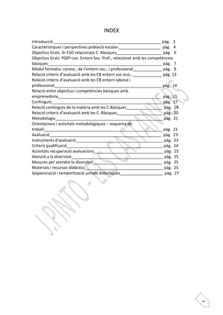 5 
INDEX 
Introducció ________________________________________________ pàg. 3 
Característiques i perspectives població escolar___________________ pàg. 4 
Objectius Grals. 3r ESO relacionats C. Bàsiques____________________ pàg. 6 
Objectius Grals. PQPI con. Entorn Soc. Prof., relacionat amb les competències 
bàsiques___________________________________________________ pàg. 7 
Mòdul formatiu: coneix., de l’entorn soc., i professional_____________ pàg. 8 
Relació criteris d’avaluació amb les CB entorn soc-eco., _____________ pàg. 13 
Relació criteris d’avaluació amb les CB entorn laboral i 
professional________________________________________________ pàg. 14 
Relació entre objectius i competències bàsiques amb 
emprenedoria______________________________________________ pàg. 15 
Continguts_________________________________________________ pàg. 17 
Relació continguts de la matèria amb les C.Bàsiques________________ pàg. 18 
Relació criteris d’avaluació amb les C. Bàsiques____________________ pàg. 20 
Metodologia________________________________________________ pàg. 21 
Orientacions i activitats metodològiques – esquema de 
treball_____________________________________________________ pàg. 21 
Avaluació__________________________________________________ pàg. 23 
Instruments d’avaluació_______________________________________ pàg. 23 
Criteris qualificació___________________________________________ pàg. 24 
Activitats recuperació avaluacions_______________________________ pàg. 25 
Atenció a la diversitat_________________________________________ pàg. 25 
Mesures per atendre la diversitat_______________________________ pàg. 25 
Materials i recursos didàctics___________________________________ pàg. 25 
Seqüenciació i temporització unitats didàctiques___________________ pàg. 27 
 