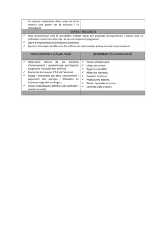 de manera cooperativa altres aspectes de la 
matèria com poden ser la iniciativa i la 
investigació 
ESPAIS I RECURSOS 
 Aula convencional amb la possibilitat d’afegir equip per projectar transparències i vídeos amb un 
ordinador connectat a Internet i el seu corresponent programari. 
 Llibre d’emprenedoria ESO editorial Santillana 
 Apunts i fotocòpies de diferents fons d’Internet relacionades amb economia i emprenedoria. 
PROCEDIMENTS D’AVALUACIÓ INSTRUMENTS D’AVALUACIÓ 
 Observació directa de les activitats 
d’ensenyament i aprenentatge: participació, 
cooperació i actituds dels alumnes. 
 Revisió de les tasques d’A-E de l’alumnat. 
 Diàleg i entrevistes per tenir coneixement i 
seguiment dels avenços i dificultats en 
l’aprenentatge dels continguts. 
 Proves específiques; activitats per controlar i 
avaluar la unitat. 
 Escales d’observació. 
 Llistes de control. 
 Registre anecdòtic. 
 Materials impresos. 
 Quadern de classe. 
 Produccions escrites. 
 Debats i posades en comú. 
 Controls orals o escrits. 
 