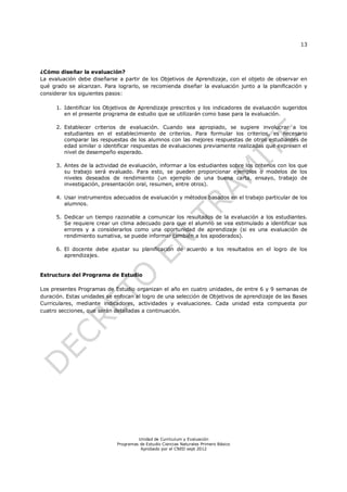 13
Unidad de Currículum y Evaluación
Programas de Estudio Ciencias Naturales Primero Básico
Aprobado por el CNED sept 2012
¿Cómo diseñar la evaluación?
La evaluación debe diseñarse a partir de los Objetivos de Aprendizaje, con el objeto de observar en
qué grado se alcanzan. Para lograrlo, se recomienda diseñar la evaluación junto a la planificación y
considerar los siguientes pasos:
1. Identificar los Objetivos de Aprendizaje prescritos y los indicadores de evaluación sugeridos
en el presente programa de estudio que se utilizarán como base para la evaluación.
2. Establecer criterios de evaluación. Cuando sea apropiado, se sugiere involucrar a los
estudiantes en el establecimiento de criterios. Para formular los criterios, es necesario
comparar las respuestas de los alumnos con las mejores respuestas de otros estudiantes de
edad similar o identificar respuestas de evaluaciones previamente realizadas que expresen el
nivel de desempeño esperado.
3. Antes de la actividad de evaluación, informar a los estudiantes sobre los criterios con los que
su trabajo será evaluado. Para esto, se pueden proporcionar ejemplos o modelos de los
niveles deseados de rendimiento (un ejemplo de una buena carta, ensayo, trabajo de
investigación, presentación oral, resumen, entre otros).
4. Usar instrumentos adecuados de evaluación y métodos basados en el trabajo particular de los
alumnos.
5. Dedicar un tiempo razonable a comunicar los resultados de la evaluación a los estudiantes.
Se requiere crear un clima adecuado para que el alumno se vea estimulado a identificar sus
errores y a considerarlos como una oportunidad de aprendizaje (si es una evaluación de
rendimiento sumativa, se puede informar también a los apoderados).
6. El docente debe ajustar su planificación de acuerdo a los resultados en el logro de los
aprendizajes.
Estructura del Programa de Estudio
Los presentes Programas de Estudio organizan el año en cuatro unidades, de entre 6 y 9 semanas de
duración. Estas unidades se enfocan al logro de una selección de Objetivos de aprendizaje de las Bases
Curriculares, mediante indicadores, actividades y evaluaciones. Cada unidad esta compuesta por
cuatro secciones, que serán detalladas a continuación.
 