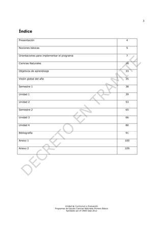 3
Unidad de Currículum y Evaluación
Programas de Estudio Ciencias Naturales Primero Básico
Aprobado por el CNED sept 2012
Índice
Presentación 4
Nociones básicas 5
Orientaciones para implementar el programa 7
Ciencias Naturales 18
Objetivos de aprendizaje 33
Visión global del año 35
Semestre 1 38
Unidad 1 39
Unidad 2 53
Semestre 2 65
Unidad 3 66
Unidad 4 80
Bibliografía 91
Anexo 1 100
Anexo 2 109
 