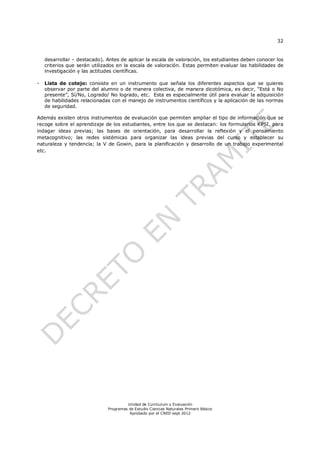 32
Unidad de Currículum y Evaluación
Programas de Estudio Ciencias Naturales Primero Básico
Aprobado por el CNED sept 2012
desarrollar – destacado). Antes de aplicar la escala de valoración, los estudiantes deben conocer los
criterios que serán utilizados en la escala de valoración. Estas permiten evaluar las habilidades de
investigación y las actitudes científicas.
- Lista de cotejo: consiste en un instrumento que señala los diferentes aspectos que se quieres
observar por parte del alumno o de manera colectiva, de manera dicotómica, es decir, “Está o No
presente”, Sí/No, Logrado/ No logrado, etc. Esta es especialmente útil para evaluar la adquisición
de habilidades relacionadas con el manejo de instrumentos científicos y la aplicación de las normas
de seguridad.
Además existen otros instrumentos de evaluación que permiten ampliar el tipo de información que se
recoge sobre el aprendizaje de los estudiantes, entre los que se destacan: los formularios KPSI, para
indagar ideas previas; las bases de orientación, para desarrollar la reflexión y el pensamiento
metacognitivo; las redes sistémicas para organizar las ideas previas del curso y establecer su
naturaleza y tendencia; la V de Gowin, para la planificación y desarrollo de un trabajo experimental
etc.
 