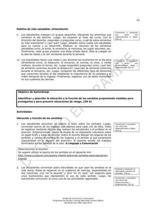43
Unidad de Currículum y Evaluación
Programas de Estudio Ciencias Naturales Primero Básico
Aprobado por CNED sept 2012
Habitos de vida saludable: alimentación
9. Los estudiantes trabajan en grupos pequeños, dibujando los alimentos que
comieron el día anterior. Luego, los exponen al resto del curso. Con la
dirección del docente, responden a preguntas como, ¿cuál de estos alimentos
es más importante? y ¿por qué? Luego, debaten sobre cuales son saludables
para su cuerpo y su desarrollo. Realizan un resumen de los alimentos
saludables como, la leche, la zanahoria, la manzana, los jugos naturales, etc.
Finalmente, cada grupo propone una dieta simple diaria. Esta la cuelgan en
la sala de clases y la van revisando durante la semana.
10. Los estudiantes hacen una ronda y van diciendo los momentos en el día para
alimentarse como, el desayuno, el amuerzo, la comida, la once, a media
mañana, durante el recreo, etc. Luego responden preguntas como, ¿qué tipo
de alimento comemos durante el desayuno?, ¿qué tipo de alimento comemos
durante el almuerzo, etc. Luego, comparan las diferentes tipos de alimentos
que consumen durante el día resaltando la importancia de la variedad y el
orden temporal de la ingesta. Finalmente, registran uno de estos momentos
en sus cuadreno de ciencias.
Comunicar y comparar
con otros sus
observaciones e ideas.
(OA d)
Comunicar y comparar
con otros sus
observaciones, ideas y
experiencias. (OA d)
Objetivo de Aprendizaje
Identificar y describir la ubicación y la función de los sentidos proponiendo medidas para
protegerlos y para prevenir situaciones de riesgo. (OA 6)
Actividades:
Ubicación y función de los sentidos
1. Los estudiantes escuchan un poema o texto sobre los sentidos. Luego,
conversan acerca de los órganos que usamos para cada uno de ellos. Estos
se registran mediante dibujos que realizan los estudiantes o el profesor en el
pizarrón. Posteriormente, trazan la silueta de un estudiante voluntario sobre
un papel Kraft y luego se recorta. Sobre el recorte dibujan los órganos de los
sentidos y rotulan el nombre de los órganos y el sentido al que pertenecen
(apoyándose en el registro del pizarrón). El docente exhibe los trabajos
terminados en las paredes de la sala. ® Lenguaje y Comunicación
Observaciones al docente:
Se sugiere utilizar el poema de los sentidos en el siguiente link:
http://www.cucaluna.com/poema-infantil-sobre-los-sentidos-para-educacion-
infantil/
2. Los estudiantes conversan sobre actividades en que usan los sentidos en la
vida diaria. Estas se registran en el cuaderno de ciencias, separándolas en
dos columnas, una “en la escuela” y otra “en mi casa” con espacios para
unas ilustraciones que representen el uso de cada sentido. Luego, los
estudiantes comunican al curso una de las actividades registradas.
Explorar y observar la
naturaleza usando los
sentidos. (OA a)
Comunicar y comparar
con otros sus
observaciones y
experiencias. (OA d)
Comunicar y comparar
con otros sus
observaciones e ideas.
(OA d)
 