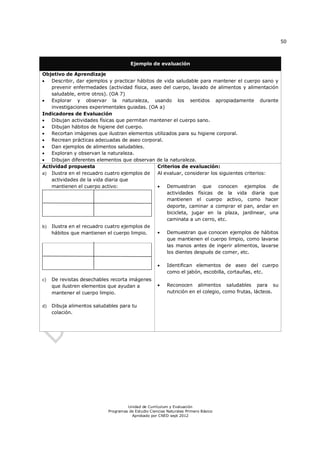 50
Unidad de Currículum y Evaluación
Programas de Estudio Ciencias Naturales Primero Básico
Aprobado por CNED sept 2012
Ejemplo de evaluación
Objetivo de Aprendizaje
 Describir, dar ejemplos y practicar hábitos de vida saludable para mantener el cuerpo sano y
prevenir enfermedades (actividad física, aseo del cuerpo, lavado de alimentos y alimentación
saludable, entre otros). (OA 7)
 Explorar y observar la naturaleza, usando los sentidos apropiadamente durante
investigaciones experimentales guiadas. (OA a)
Indicadores de Evaluación
 Dibujan actividades físicas que permitan mantener el cuerpo sano.
 Dibujan hábitos de higiene del cuerpo.
 Recortan imágenes que ilustran elementos utilizados para su higiene corporal.
 Recrean prácticas adecuadas de aseo corporal.
 Dan ejemplos de alimentos saludables.
 Exploran y observan la naturaleza.
 Dibujan diferentes elementos que observan de la naturaleza.
Actividad propuesta
a) Ilustra en el recuadro cuatro ejemplos de
actividades de la vida diaria que
mantienen el cuerpo activo:
b) Ilustra en el recuadro cuatro ejemplos de
hábitos que mantienen el cuerpo limpio.
c) De revistas desechables recorta imágenes
que ilustren elementos que ayudan a
mantener el cuerpo limpio.
d) Dibuja alimentos saludables para tu
colación.
Criterios de evaluación:
Al evaluar, considerar los siguientes criterios:
 Demuestran que conocen ejemplos de
actividades físicas de la vida diaria que
mantienen el cuerpo activo, como hacer
deporte, caminar a comprar el pan, andar en
bicicleta, jugar en la plaza, jardinear, una
caminata a un cerro, etc.
 Demuestran que conocen ejemplos de hábitos
que mantienen el cuerpo limpio, como lavarse
las manos antes de ingerir alimentos, lavarse
los dientes después de comer, etc.
 Identifican elementos de aseo del cuerpo
como el jabón, escobilla, cortauñas, etc.
 Reconocen alimentos saludables para su
nutrición en el colegio, como frutas, lácteos.
 