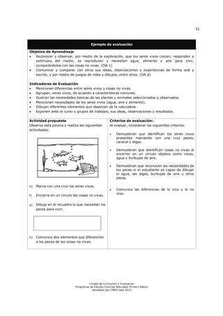 51
Unidad de Currículum y Evaluación
Programas de Estudio Ciencias Naturales Primero Básico
Aprobado por CNED sept 2012
Ejemplo de evaluación
Objetivo de Aprendizaje
 Reconocer y observar, por medio de la exploración, que los seres vivos crecen, responden a
estímulos del medio, se reproducen y necesitan agua, alimento y aire para vivir,
comparándolos con las cosas no vivas. (OA 1)
 Comunicar y comparar con otros sus ideas, observaciones y experiencias de forma oral y
escrita, y por medio de juegos de roles y dibujos, entre otros. (OA d)
Indicadores de Evaluación
 Mencionan diferencias entre seres vivos y cosas no vivas.
 Agrupan, seres vivos, de acuerdo a características comunes.
 Ilustran las necesidades básicas de las plantas y animales seleccionados y observados.
 Mencionan necesidades de los seres vivos (agua, aire y alimento).
 Dibujan diferentes elementos que observan de la naturaleza.
 Exponen ante el curso y grupos de trabajos, sus ideas, observaciones y resultados.
Actividad propuesta
Observa esta pecera y realiza las siguientes
actividades:
e) Marca con una cruz los seres vivos.
f) Encierra en un círculo las cosas no vivas.
g) Dibuja en el recuadro lo que necesitan los
peces para vivir.
h) Comunica dos elementos que diferencien
a los peces de las cosas no vivas.
Criterios de evaluación:
Al evaluar, considerar los siguientes criterios:
 Demuestran que identifican los seres vivos
presentes marcando con una cruz peces,
caracol y algas.
 Demuestran que identifican cosas no vivas al
encerrar en un círculo objetos como rocas,
agua y burbujas de aire.
 Demuestran que reconocen las necesidades de
los peces si el estudiante es capaz de dibujar
el agua, las algas, burbujas de aire u otros
peces.
 Comunica las diferencias de lo vivo y lo no
vivo.
 