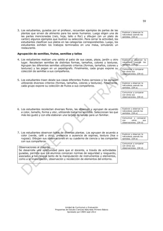 59
Unidad de Currículum y Evaluación
Programas de Estudio Ciencias Naturales Primero Básico
Aprobado por CNED sept 2012
3. Los estudiantes, guiados por el profesor, recuerdan ejemplos de partes de las
plantas que sirven de alimento para los seres humanos. Luego eligen una de
las partes mencionadas (raíz, hoja, tallo o flor) y dibujan (en un plato de
cartón) algunos ejemplos que ilustren su selección. Para cerrar la actividad, los
estudiantes clasifican sus platos en las categorías correspondientes. Luego, los
estudiantes exhiben los trabajos terminados en una mesa, simulando un
restaurante.
Agrupación de semillas, frutos, semillas y tallos
4. Los estudiantes realizan una salida al patio de sus casas, plaza, jardín u otro
lugar. Recolectan semillas de distintas formas, tamaños, colores y texturas.
Agrupan las diferentes semillas utilizando criterios (formas, tamaños, colores y
texturas) y las pegan en un papelógrafo. Finalmente, cada grupo expone su
colección de semillas a sus compañeros.
5. Los estudiantes traen desde sus casas diferentes frutos carnosos y los agrupan
utilizando diversos criterios (formas, tamaños, colores y texturas). Finalmente,
cada grupo expone su colección de frutos a sus compañeros.
6. Los estudiantes recolectan diversas flores, las observan y agrupan de acuerdo
a color, tamaño, forma y olor, utilizando todos los sentidos. Seleccionan las que
más les gustó y con ella elaboran una tarjeta de saludo para un familiar.
7. Los estudiantes observan tallos de diversas plantas. Los agrupan de acuerdo a
color (verde, café u otro), presencia o ausencia de espinas, textura (lisa o
rugosa). Dibujan sus observaciones en su cuaderno de ciencia y las comparten
con sus compañeros.
Observaciones al docente:
Se desarrolla una oportunidad para que el docente, a través de actividades
guiadas, permita que los alumnos conozcan normas de seguridad y resguardo,
asociados a los riesgos tanto de la manipulación de instrumentos y elementos,
como a la investigación, observación y recolección de elementos del entorno.
Explorar y observar la
naturaleza usando los
sentidos. (OA a)
Explorar y observar la
naturaleza usando los
sentidos. (OA a)
Comunicar y comparar
con otros sus
observaciones. (OA d)
Explorar y observar la
naturaleza usando los
sentidos. (OA a)
Comunicar y comparar
con otros sus
observaciones. (OA d)
Explorar y observar la
naturaleza usando los
sentidos. (OA a)
Comunicar y comparar
con otros sus
observaciones. (OA d)
Explorar y observar la
naturaleza usando los
sentidos. (OA a)
Comunicar y comparar
con otros sus
observaciones. (OA d)
 