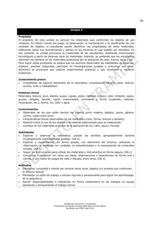 66
Unidad de Currículum y Evaluación
Programas de Estudio Ciencias Naturales Primero Básico
Aprobado por CNED sept 2012
Unidad 3
Propósito
El propósito de esta unidad es conocer los materiales que conforman los objetos de uso
cotidiano. En efecto, través del juego, la observación, la manipulación y la clasificación de una
variedad de objetos, el estudiante puede identificar las propiedades de estos materiales,
reflexionar sobre sus características y pensar en las maneras en que pueden ser utilizados. En
ese contexto, la unidad promueve la creatividad de los estudiantes, diseñando instrumentos
tecnológicos a partir de diversos tipos de materiales. Además, se pretende que los estudiantes
adviertan los cambios en los materiales producidos por la aplicación de calor, fuerza, agua y luz.
Para lograr estos propósitos se espera que los alumnos desarrollen las habilidades de observar,
explorar, plantear preguntas, participar en investigaciones guiadas y comunicar sus ideas.
Asimismo se promueve que realicen experimentos prácticos y que recolecten y registren
evidencias.
Conocimiento previo
 Propiedades de algunos elementos de la naturaleza, considerando tamaño, peso, textura,
dureza, brillo y maleabilidad.
Palabras claves
Materiales, textura, duro, blando, suave, rugoso, plano, redondo (curvo), color, brillante, opaco,
grueso, delgado, flexible, rígido, impermeable, permeable y forma (cuadrado, redondo,
rectangular, etc.), fuerza, luz, calor y agua.
Conocimientos
 Materiales de los que están hechos los objetos como madera, plástico, goma, género,
corcho, metal entre otros.
 Características físicas observables de los materiales (color, forma, textura y tamaño).
 Relación entre el uso de los objetos y el material seleccionado para su elaboración.
 Cambios en los materiales producto de la aplicación de luz, calor, agua y fuerzas.
Habilidades
 Explorar y observar la naturaleza, usando los sentidos apropiadamente durante
investigaciones experimentales guiadas. (OA a)
 Explorar y experimentar, en forma guiada, con elementos del entorno, utilizando la
observación, la medición con unidades no estandarizadas y la manipulación de materiales
simples. (OA b)
 Seguir las instrucciones para utilizar los materiales e instrumentos en forma segura. (OA c)
 Comunicar y comparar con otros sus ideas, observaciones y experiencias de forma oral y
escrita, y por medio de juegos de roles y dibujos, entre otros. (OA d)
Actitudes
 Demostrar curiosidad e interés por conocer seres vivos, objetos y/o eventos que conforman
el entorno natural
 Manifestar un estilo de trabajo y estudio riguroso y perseverante para lograr los aprendizajes
de la asignatura.
 Asumir responsabilidades e interactuar en forma colaborativa en los trabajos en equipo
aportando y enriqueciendo el trabajo común
 