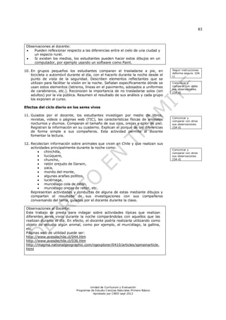 83
Unidad de Currículum y Evaluación
Programas de Estudio Ciencias Naturales Primero Básico
Aprobado por CNED sept 2012
Observaciones al docente:
 Pueden reflexionar respecto a las diferencias entre el cielo de una ciudad y
un espacio rural.
 Si existen los medios, los estudiantes pueden hacer estos dibujos en un
computador, por ejemplo usando un software como Paint.
10. En grupos pequeños los estudiantes comparan el trasladarse a pie, en
bicicleta o automóvil durante el día, con el hacerlo durante la noche desde el
punto de vista de la seguridad. Describen elementos reflectantes que se
utilizan para facilitar la visión en la noche. Señalan específicamente dónde se
usan estos elementos (letreros, líneas en el pavimento, adosados a uniformes
de carabineros, etc.). Reconocen la importancia de no trasladarse solos (sin
adultos) por la vía pública. Resumen el resultado de sus análisis y cada grupo
los exponen al curso.
Efectos del ciclo diario en los seres vivos
11. Guiados por el docente, los estudiantes investigan por medio de libros,
revistas, videos o páginas web (TIC), las características físicas de animales
nocturnos y diurnos. Comparan el tamaño de sus ojos, orejas y color de piel.
Registran la información en su cuaderno. Explican el porqué de las diferencias
de forma simple a sus compañeros. Esta actividad permite al docente
fomentar la lectura.
12. Recolectan información sobre animales que viven en Chile y que realizan sus
actividades principalmente durante la noche como:
 chinchilla,
 tucúquere,
 chuncho,
 ratón orejudo de Darwin,
 yaca,
 monito del monte,
 algunas arañas pollitos,
 luciérnaga,
 murciélago cola de ratón,
 murciélago orejas de ratón, etc.
Representan actividades y conductas de alguna de estas mediante dibujos y
comparten el resultado de sus investigaciones con sus compañeros
conversando del tema, guiados por el docente durante la clase.
Observaciones al docente:
Este trabajo se presta para indagar sobre actividades típicas que realizan
diferentes seres vivos durante la noche comparándolas con aquellos que las
realizan durante el día. En efecto, el docente podría realizarla utilizando como
objeto de estudio algún animal, como por ejemplo, el murciélago, la gallina,
etc.
Páginas web de utilidad puede ser:
http://www.avesdechile.cl/044.htm
http://www.avesdechile.cl/036.htm
http://magma.nationalgeographic.com/ngexplorer/0410/articles/spmainarticle.
html
Seguir instrucciones
deforma segura. (OA
c)
Comunicar y
comparar con otros
sus observaciones.
(OA d)
Comunicar y
comparar con otros
sus observaciones.
(OA d)
Comunicar y
comparar con otros
sus observaciones.
(OA d)
 