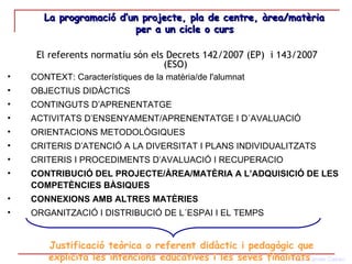 CONTEXT: Característiques de la matèria/de l'alumnat OBJECTIUS DIDÀCTICS CONTINGUTS D’APRENENTATGE ACTIVITATS D’ENSENYAMENT/APRENENTATGE I D´AVALUACIÓ ORIENTACIONS METODOLÒGIQUES CRITERIS D’ATENCIÓ A LA DIVERSITAT I PLANS INDIVIDUALITZATS CRITERIS I PROCEDIMENTS D’AVALUACIÓ I RECUPERACIO CONTRIBUCIÓ DEL PROJECTE/ÀREA/MATÈRIA A L’ADQUISICIÓ DE LES COMPETÈNCIES BÀSIQUES  CONNEXIONS AMB ALTRES MATÈRIES  ORGANITZACIÓ I DISTRIBUCIÓ DE L´ESPAI I EL TEMPS La programació d’un projecte, pla de centre, àrea/matèria  per a un cicle o curs   El referents normatiu són els Decrets 142/2007 (EP)  i 143/2007 (ESO)  Justificació teòrica o referent didàctic i pedagògic que explicita les intencions educatives i les seves finalitats  