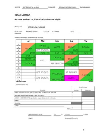 CENTRE            CEIP MUNICIPAL LA SÍNIA                       POBLACIÓ            CERDANYOLA DEL VALLÈS                      CURS 2008-2009




HORARI MESTRE/A

(Incloure, en el seu cas, l’ horari del professor de religió)


Mestre/a Sr/a            SONIA ROMERO DÍAZ

Lloc de treball       MESTRA DE PRIMÀRI                 Tutor/a de   2n B VIOLINS                      Càrrec         ......
/Especialitat


Acreditació per impartir l’ensenyament de / en català




   * Indiqueu àrea i grup
                                                                                                                           Hores/setmana

                                               Activitat                                                        Lectives                  No lectives
HORES DOCÈNCIA REGLADA AMB ALUMNES EN EL GRUP DEL QUAL ÉS TUTOR                                         15
DOCÈNCIA REGLADA AMB ALUMNES EN ALTRES GRUPS                                                            1
ATENCIÓ A LA DIVERSITAT (Grups flexibles, grups reduïts, atenció individual…)                           7
CÀRREC
REUNIONS                                                                                                                          7

ALTRES : ____________________________________________________________________
                                                                                                        23
                                                                                               TOTAL



                            CERDANYOLA DEL VALLÈS                    ,   14           de   setembre                                   de 2009

                            (Segell)                                                       Signatura del Director/a




                                                                                                                                      1
 