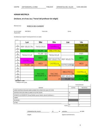 CENTRE            CEIP MUNICIPAL LA SÍNIA                       POBLACIÓ        CERDANYOLA DEL VALLÈS                   CURS 2008-2009




HORARI MESTRE/A

(Incloure, en el seu cas, l’ horari del professor de religió)


Mestre/a Sr/a               REBECA BEA GARBERÍ

Lloc de treball       MESTRA EI                         Tutor/a de                                 Càrrec
/Especialitat


Acreditació per impartir l’ensenyament de / en català




   * Indiqueu àrea i grup
                                                                                                                       Hores/setmana

                                               Activitat                                                    Lectives                No lectives
HORES DOCÈNCIA REGLADA AMB ALUMNES EN EL GRUP DEL QUAL ÉS TUTOR
DOCÈNCIA REGLADA AMB ALUMNES EN ALTRES GRUPS                                                        20
ATENCIÓ A LA DIVERSITAT (Grups flexibles, grups reduïts, atenció individual…)                       3
CÀRREC
REUNIONS                                                                                                                    7

ALTRES : ____________________________________________________________________
                                                                                                    23                      7
                                                                                           TOTAL



                            CERDANYOLA DEL VALLÈS                    ,   14       de   setembre                                 de 2009

                            (Segell)                                                   Signatura del Director/a




                                                                                                                                3
 