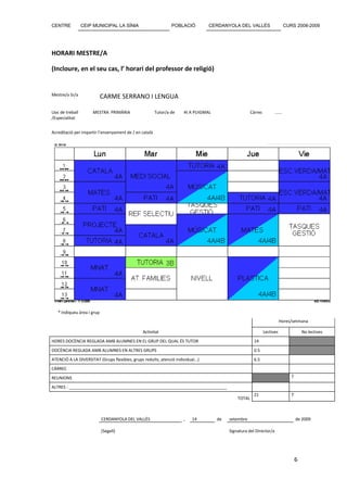 CENTRE            CEIP MUNICIPAL LA SÍNIA                       POBLACIÓ        CERDANYOLA DEL VALLÈS                        CURS 2008-2009




HORARI MESTRE/A

(Incloure, en el seu cas, l’ horari del professor de religió)


Mestre/a Sr/a               CARME SERRANO I LENGUA

Lloc de treball       MESTRA PRIMÀRIA                   Tutor/a de   4t A PUIGMAL                    Càrrec         ......
/Especialitat


Acreditació per impartir l’ensenyament de / en català




   * Indiqueu àrea i grup
                                                                                                                         Hores/setmana

                                               Activitat                                                      Lectives                  No lectives
HORES DOCÈNCIA REGLADA AMB ALUMNES EN EL GRUP DEL QUAL ÉS TUTOR                                       14
DOCÈNCIA REGLADA AMB ALUMNES EN ALTRES GRUPS                                                          0.5
ATENCIÓ A LA DIVERSITAT (Grups flexibles, grups reduïts, atenció individual…)                         6.5
CÀRREC
REUNIONS                                                                                                                        7

ALTRES : ____________________________________________________________________
                                                                                                      21                        7
                                                                                             TOTAL



                            CERDANYOLA DEL VALLÈS                    ,   14         de   setembre                                   de 2009

                            (Segell)                                                     Signatura del Director/a




                                                                                                                                    6
 