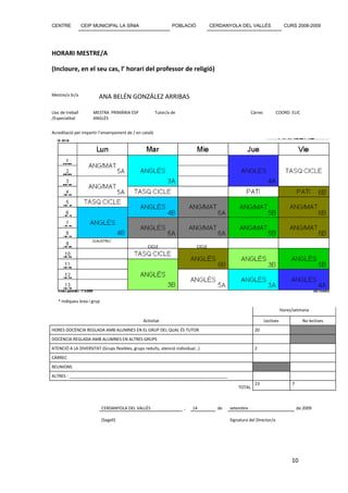CENTRE            CEIP MUNICIPAL LA SÍNIA                       POBLACIÓ           CERDANYOLA DEL VALLÈS                   CURS 2008-2009




HORARI MESTRE/A

(Incloure, en el seu cas, l’ horari del professor de religió)


Mestre/a Sr/a            ANA BELÉN GONZÁLEZ ARRIBAS

Lloc de treball        MESTRA PRIMÀRIA ESP              Tutor/a de                                    Càrrec         COORD. ELIC
/Especialitat          ANGLÈS


Acreditació per impartir l’ensenyament de / en català




                      CLAUSTRE/
                                                  CICLE                    CICLE
                      COMISSIONS




   * Indiqueu àrea i grup
                                                                                                                          Hores/setmana

                                               Activitat                                                       Lectives              No lectives
HORES DOCÈNCIA REGLADA AMB ALUMNES EN EL GRUP DEL QUAL ÉS TUTOR                                        20
DOCÈNCIA REGLADA AMB ALUMNES EN ALTRES GRUPS
ATENCIÓ A LA DIVERSITAT (Grups flexibles, grups reduïts, atenció individual…)                          2
CÀRREC
REUNIONS
ALTRES : ____________________________________________________________________
                                                                                                       23                      7
                                                                                              TOTAL



                            CERDANYOLA DEL VALLÈS                    ,   14          de   setembre                                 de 2009

                            (Segell)                                                      Signatura del Director/a




                                                                                                                               10
 